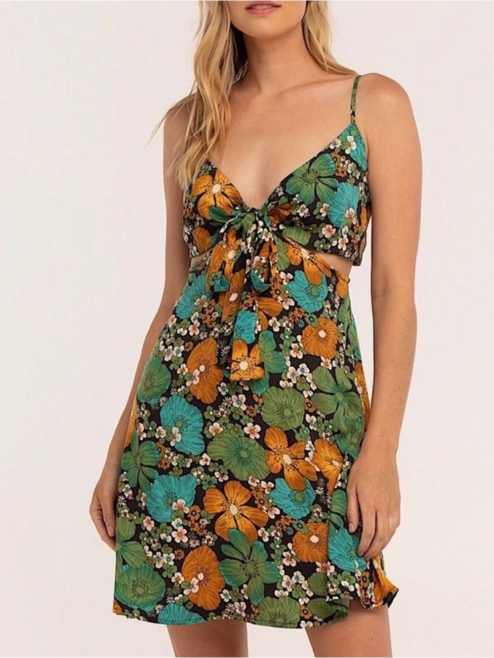 NWT Volcom Floral Tie-Front Mini Dress with side cutouts Small